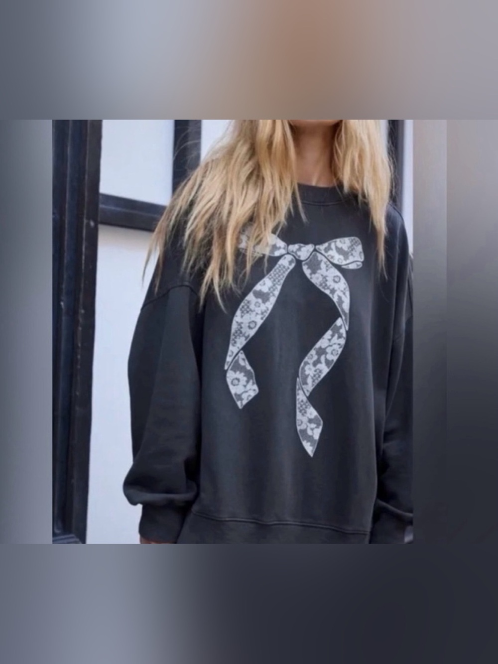Aerie Charcoal with White Lace Bow Oversized Sweatshirt - Size XL NWT